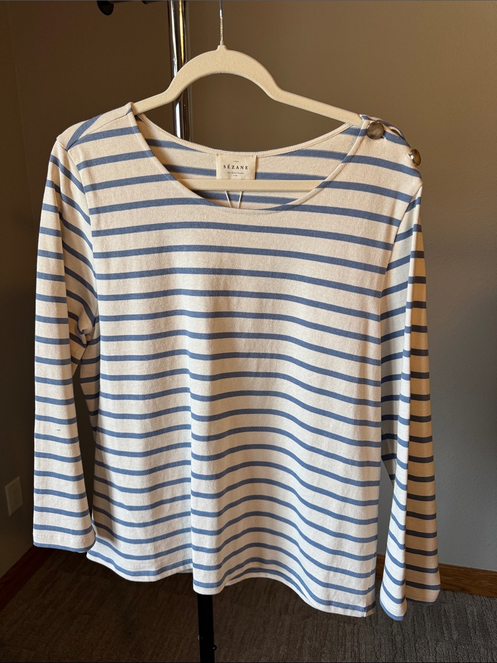 Sezane Women's Blue & White Striped Boatneck Top NWT